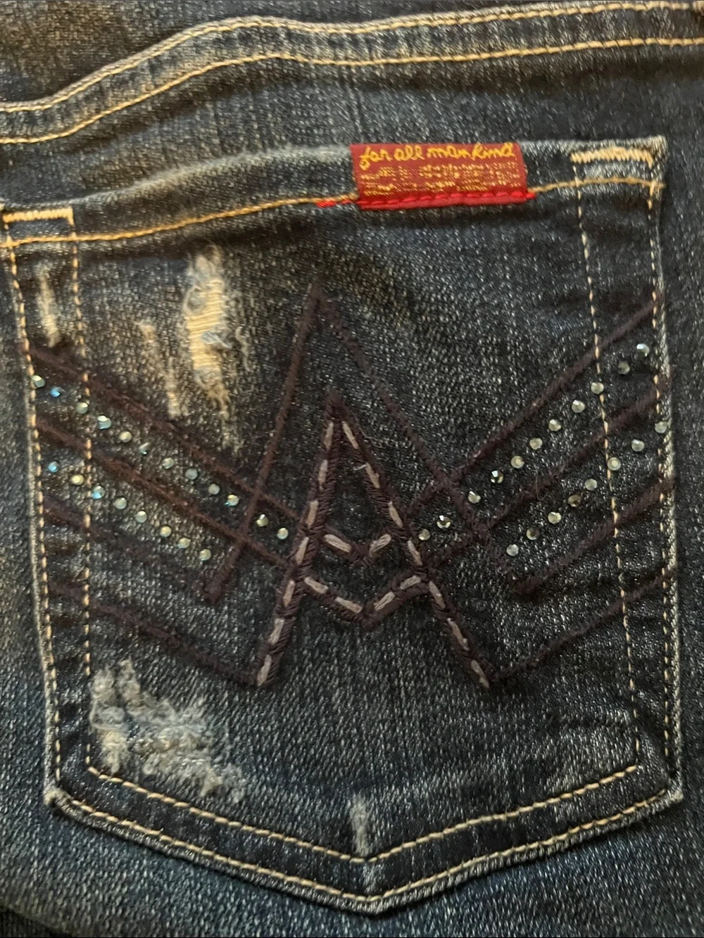7 For All Mankind Dark Blue Denim Bootcut Jeans with Embellished Back Pocket